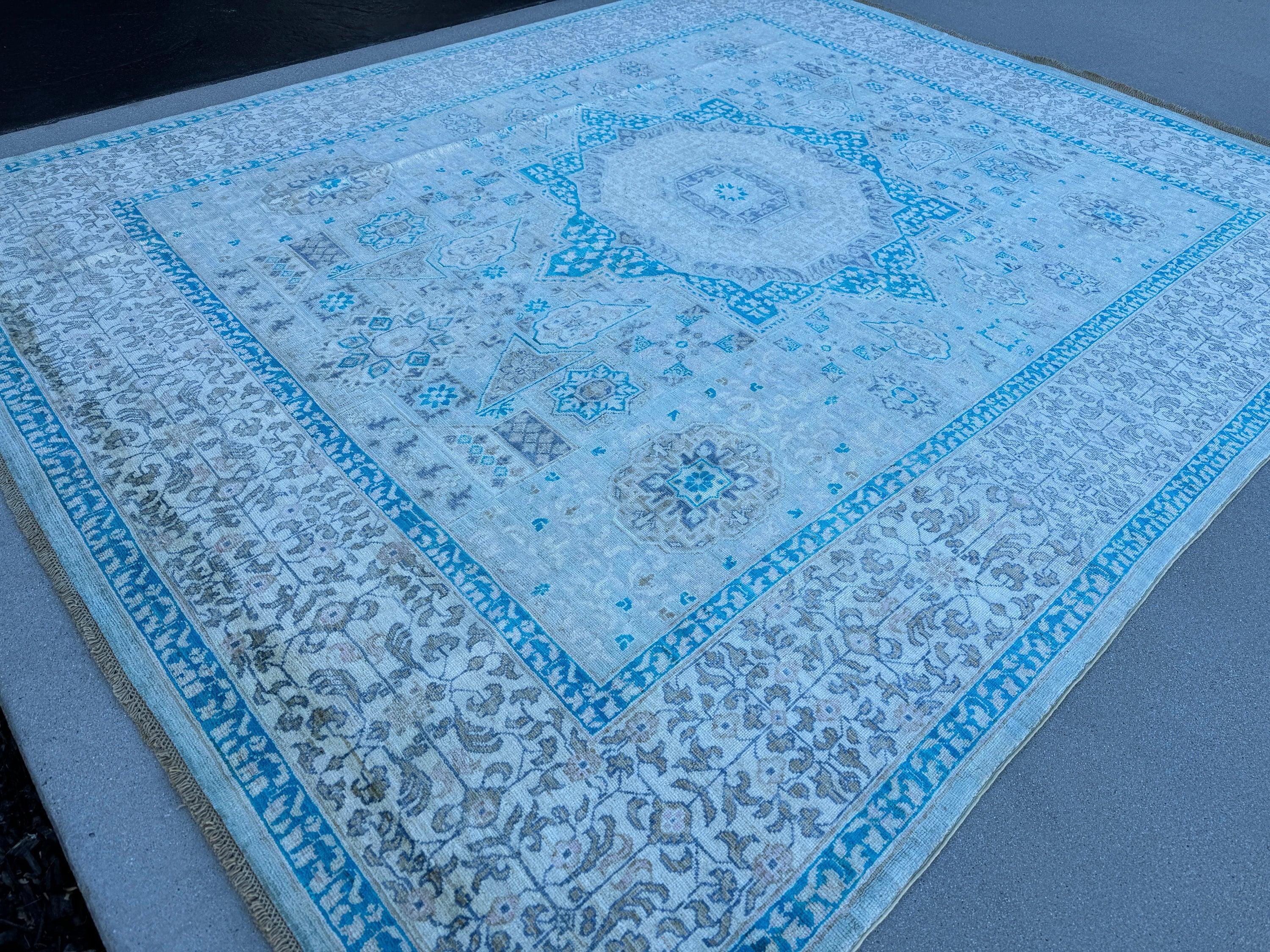 8x9-10 (244x305) Handmade Afghan Rug | Ivory Turquoise Denim Blue Sky Blue Sage Green Light Grey Teal | Wool Hand Knotted Medallion Mamluk