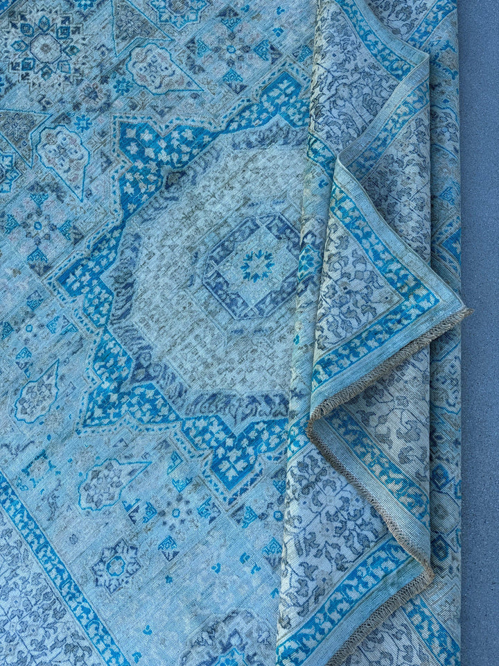 8x9-10 (244x305) Handmade Afghan Rug | Ivory Turquoise Denim Blue Sky Blue Sage Green Light Grey Teal | Wool Hand Knotted Medallion Mamluk