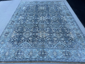 8x10 (244x305) Handmade Afghan Rug | Dark Blue Icy Blue Denim Blue Light Yellow Black Ivory | Wool Hand Knotted Medallions