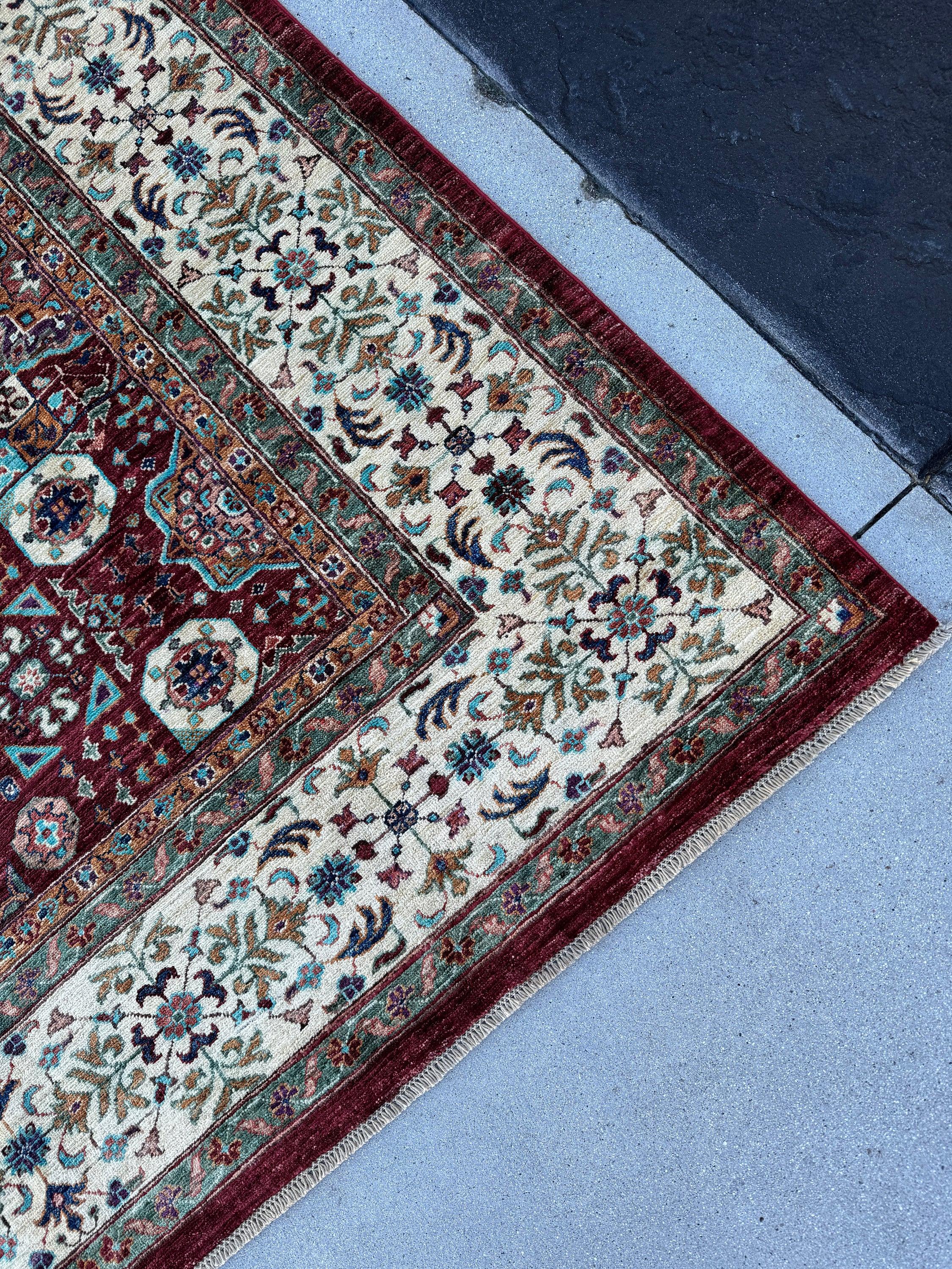 7x10 (210x305) Handmade Afghan Rug | Blood Red Cream Teal Orange Navy Blue Ivory Pale Rose | Wool Hand Knotted Medallions