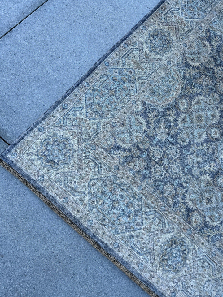 6x10 (180x305) Handmade Afghan Rug | Navy Blue Powder Blue Brown Cream Ivory Yellow Denim Blue | Wool Hand Knotted Medallions