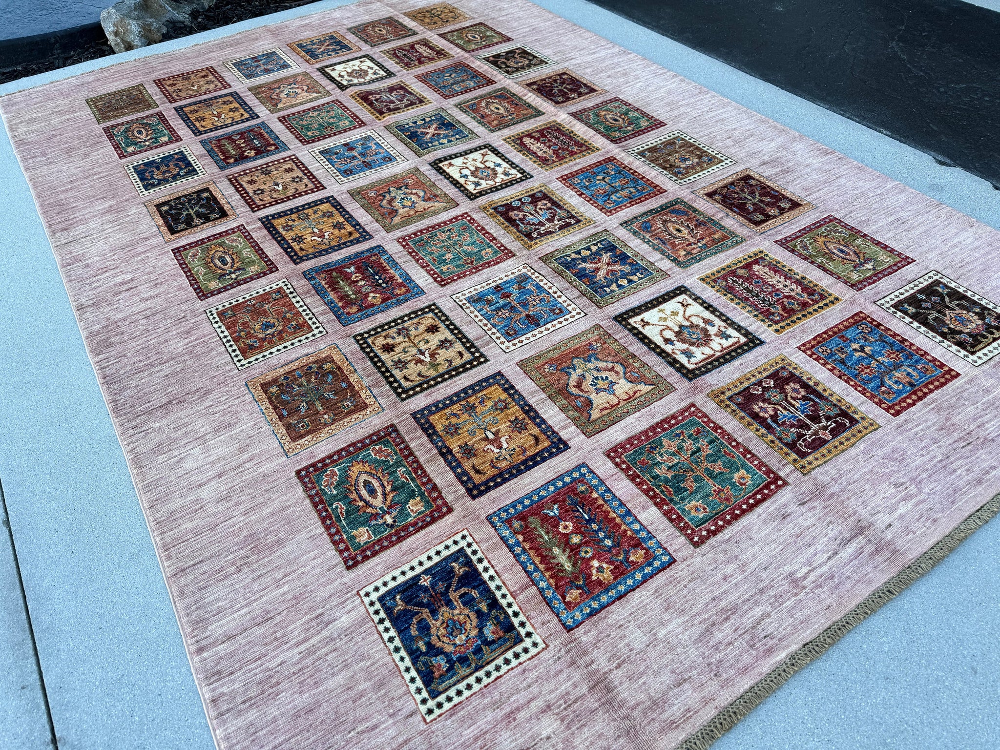 7x10 (210x305) Handmade Afghan Rug | Blush Pink Navy Blue Ivory Yellow Mustard Ivory Red Green | Wool Hand Knotted Nature Floral Mural