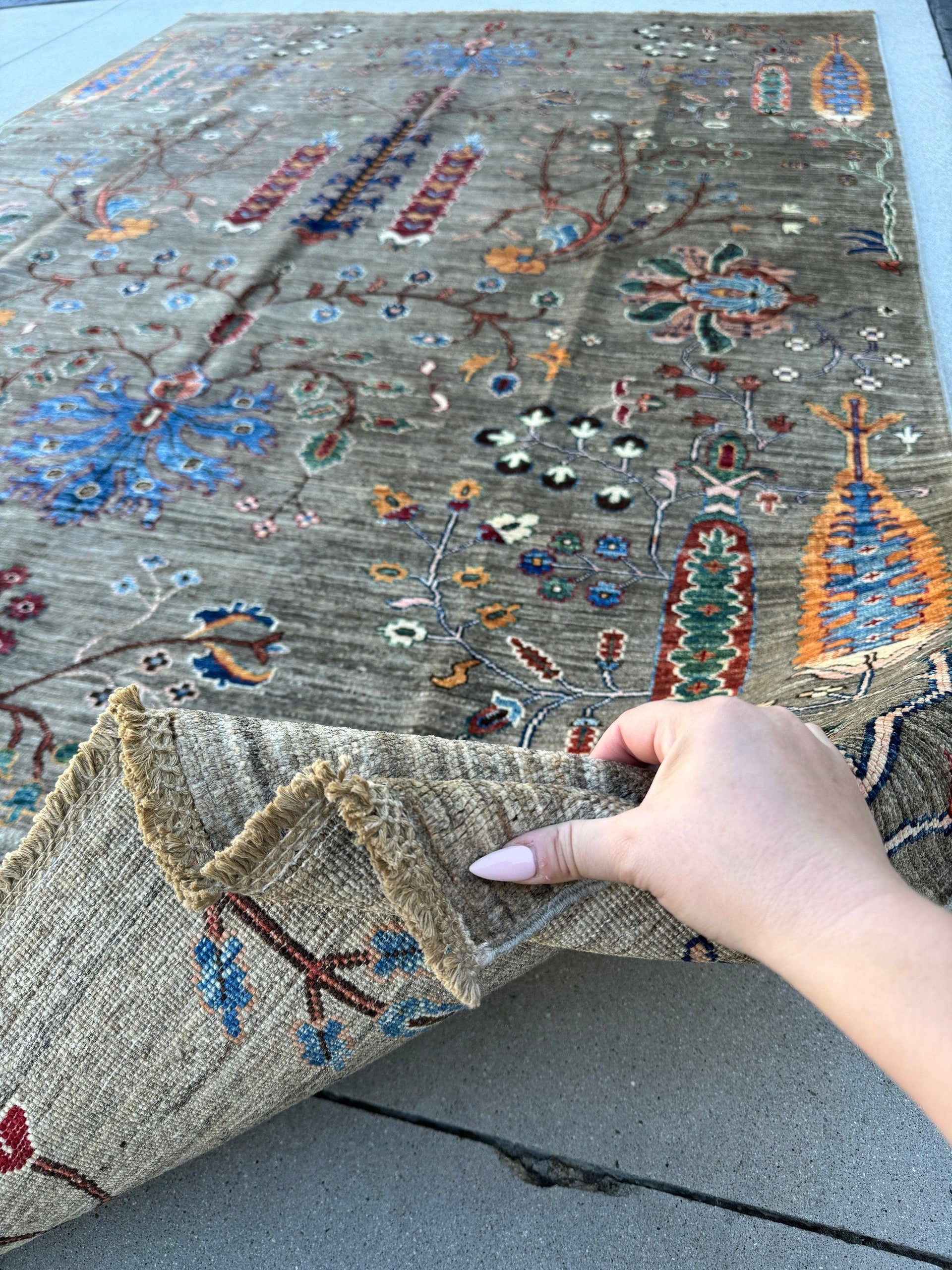 10x7 (305x210) Handmade Afghan Rug | Sage Green Cream Honey Auburn Black Navy Blue Chocolate Pink | Wool Hand Knotted Nature