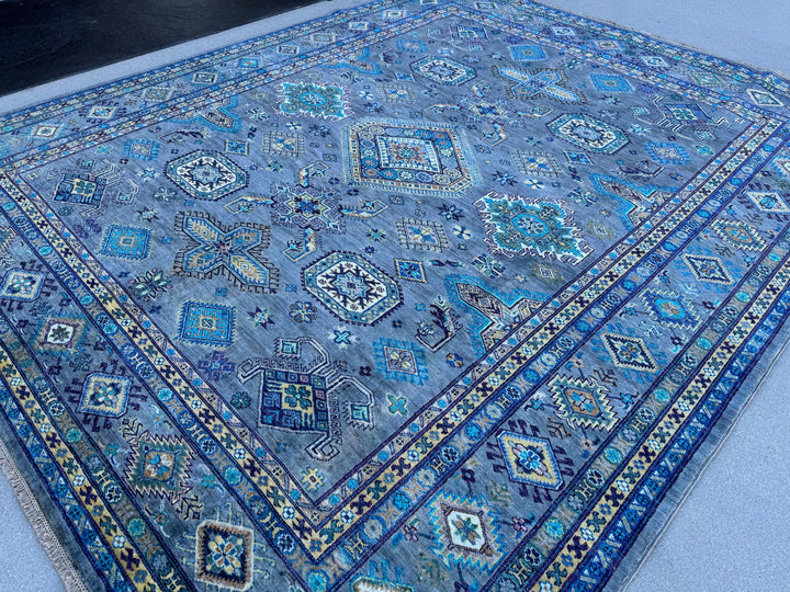 8x10 (240 x305) Handmade Afghan Rug | Navy Blue Teal Vibrant Blue White Light Yellow Ivory Fern Green | Wool Hand Knotted Nature