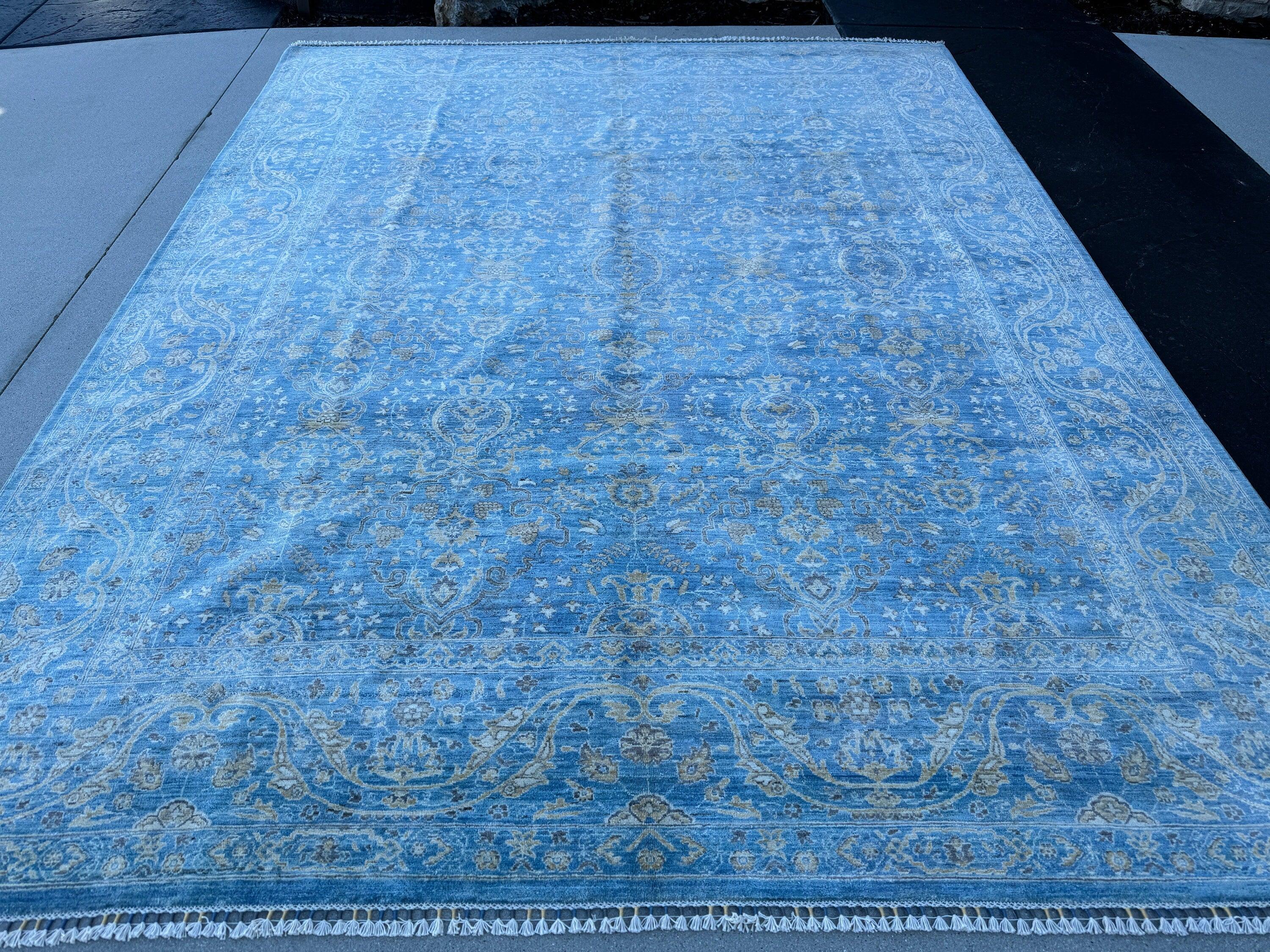 9x11 (275x335) Handmade Afghan Rug | Royal Denim Sky Blue Gold Cream Grey Gray | Wool Floral Hand Knotted Turkish Persian