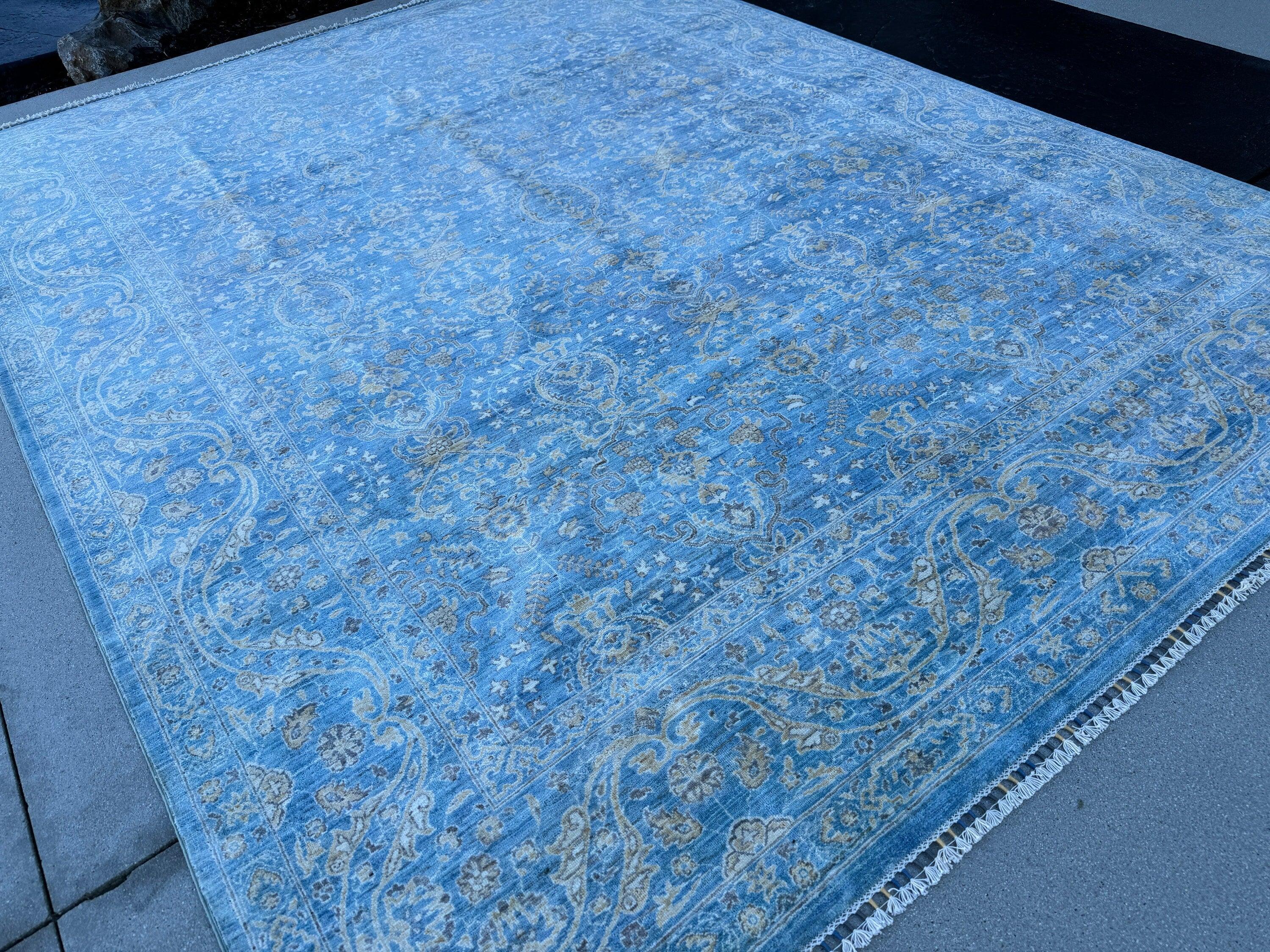 9x11 (275x335) Handmade Afghan Rug | Royal Denim Sky Blue Gold Cream Grey Gray | Wool Floral Hand Knotted Turkish Persian