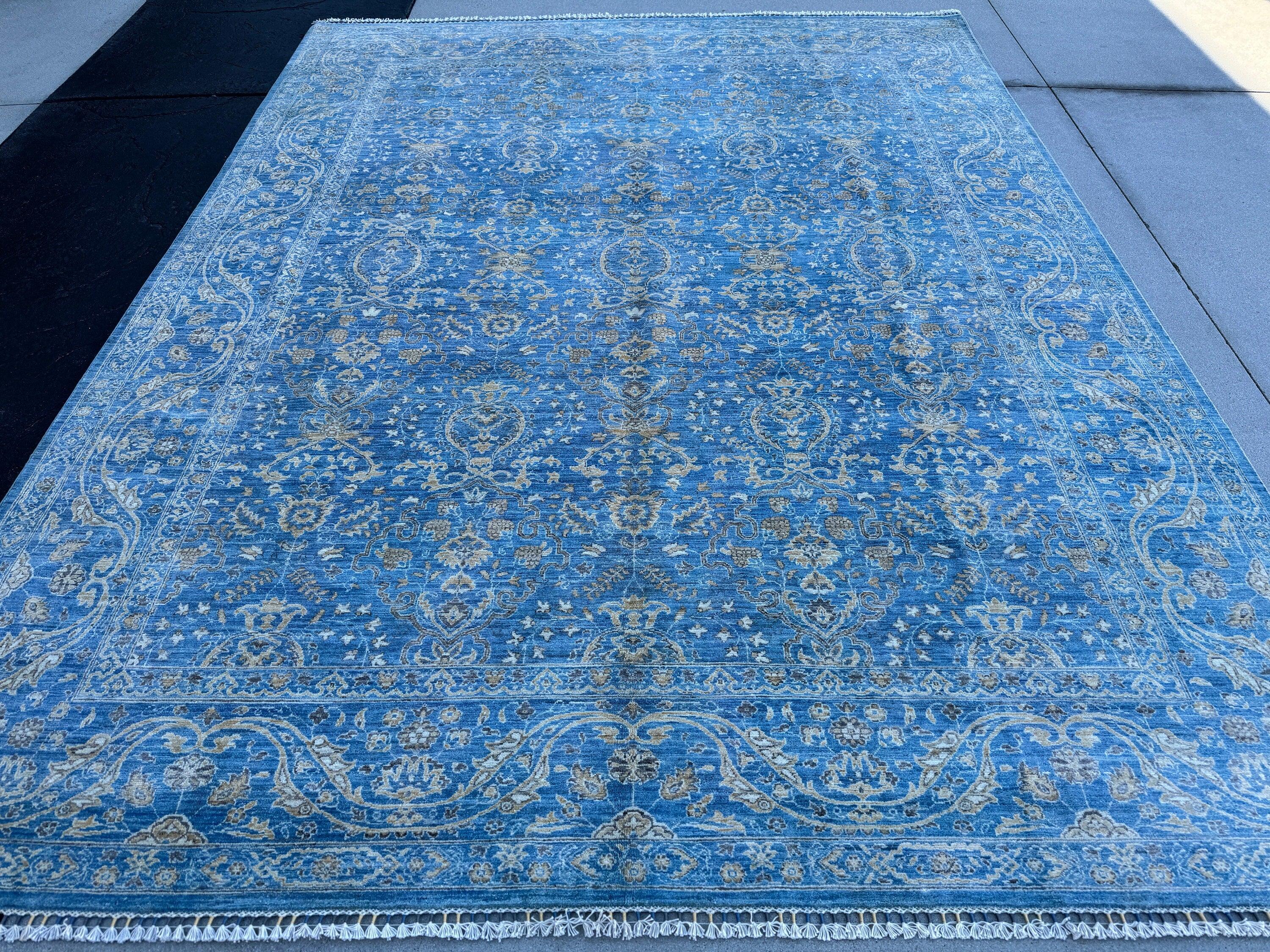 9x11 (275x335) Handmade Afghan Rug | Royal Denim Sky Blue Gold Cream Grey Gray | Wool Floral Hand Knotted Turkish Persian