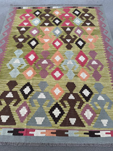 5x6-7 Handmade Afghan Kilim Rug | Olive Green Chocolate Brown Powder Baby Air Force Blue White Rose Pink Purple Coral Orange Black | Wool