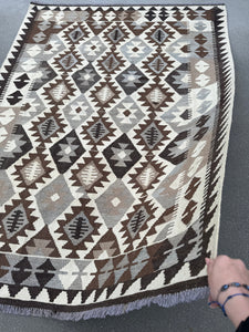 5x7 Handmade Afghan Kilim Rug | Sand Chocolate Mocha Brown White Cream Grey | Wool Flatweave