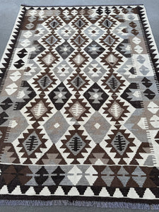 5x7 Handmade Afghan Kilim Rug | Sand Chocolate Mocha Brown White Cream Grey | Wool Flatweave