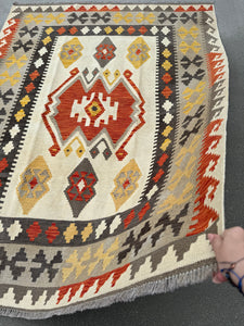 5x7 Handmade Afghan Kilim Rug | Cream White Sand Beige Taupe Brick Red Charcoal Grey Black Mustard Yellow | Wool Flatweave