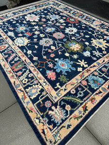9x12 (274x366) Handmade Afghan Rug | Navy Blue Cream Beige Peach Blush Pink Olive Forest Green Baby Sky Blue | Wool Oushak Floral Persian