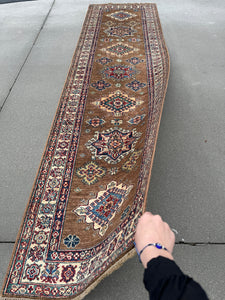 3x10 (90x305) Handmade Afghan Runner Rug | Tan Coffee Brown Denim Navy Sky Blue Teal Turquoise Crimson White Cream | Wool Hand Knotted
