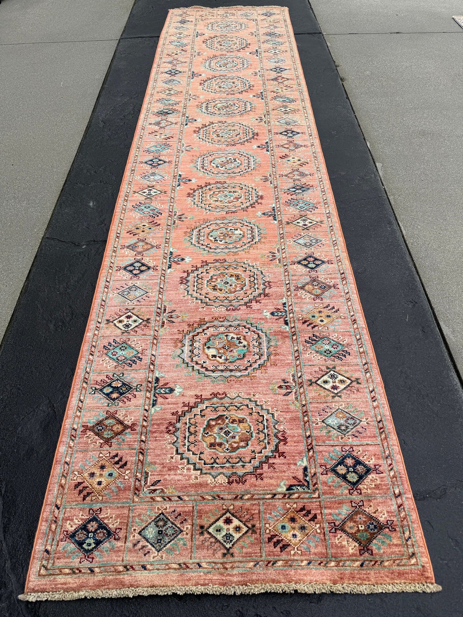 3x11 (90x305) Handmade Afghan Runner Rug | Salmon Teal Turquoise Beige Cream Taupe Maroon Burgundy Terracotta | Wool Hand Knotted