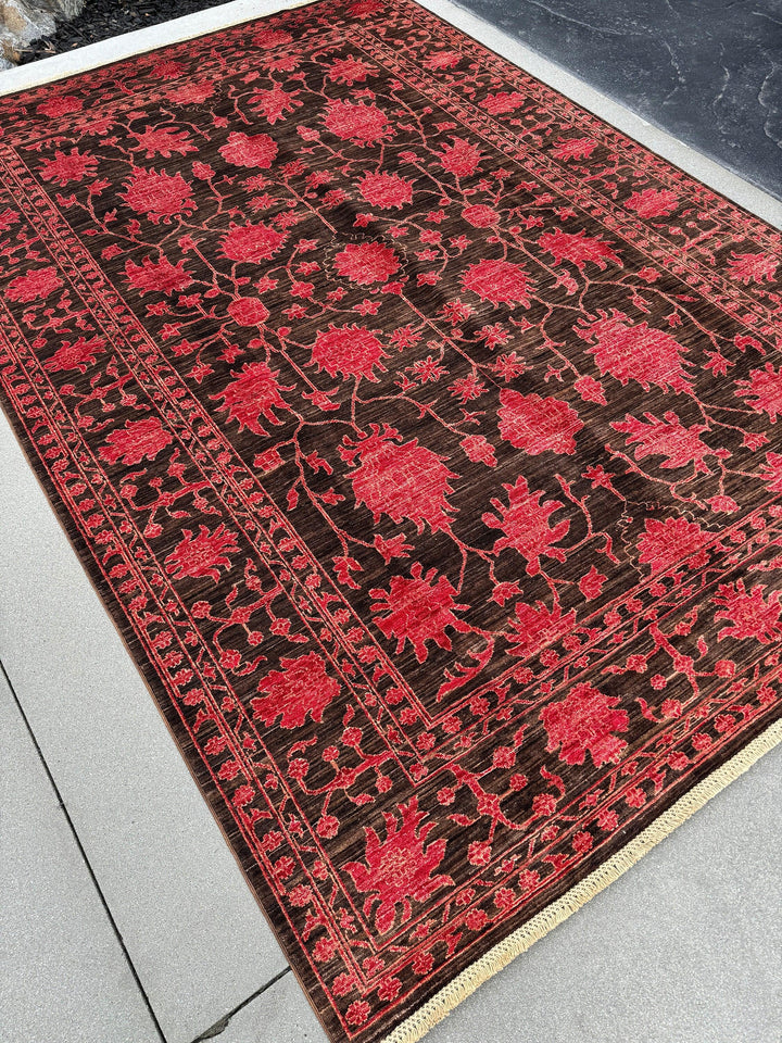 7x10 (213x305) Handmade Afghan Rug | Coffee Chocolate Brown Crimson Red | Floral Wool Hand Knotted Traditional