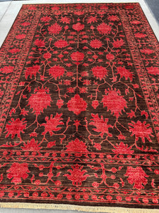 7x10 (213x305) Handmade Afghan Rug | Coffee Chocolate Brown Crimson Red | Floral Wool Hand Knotted Traditional