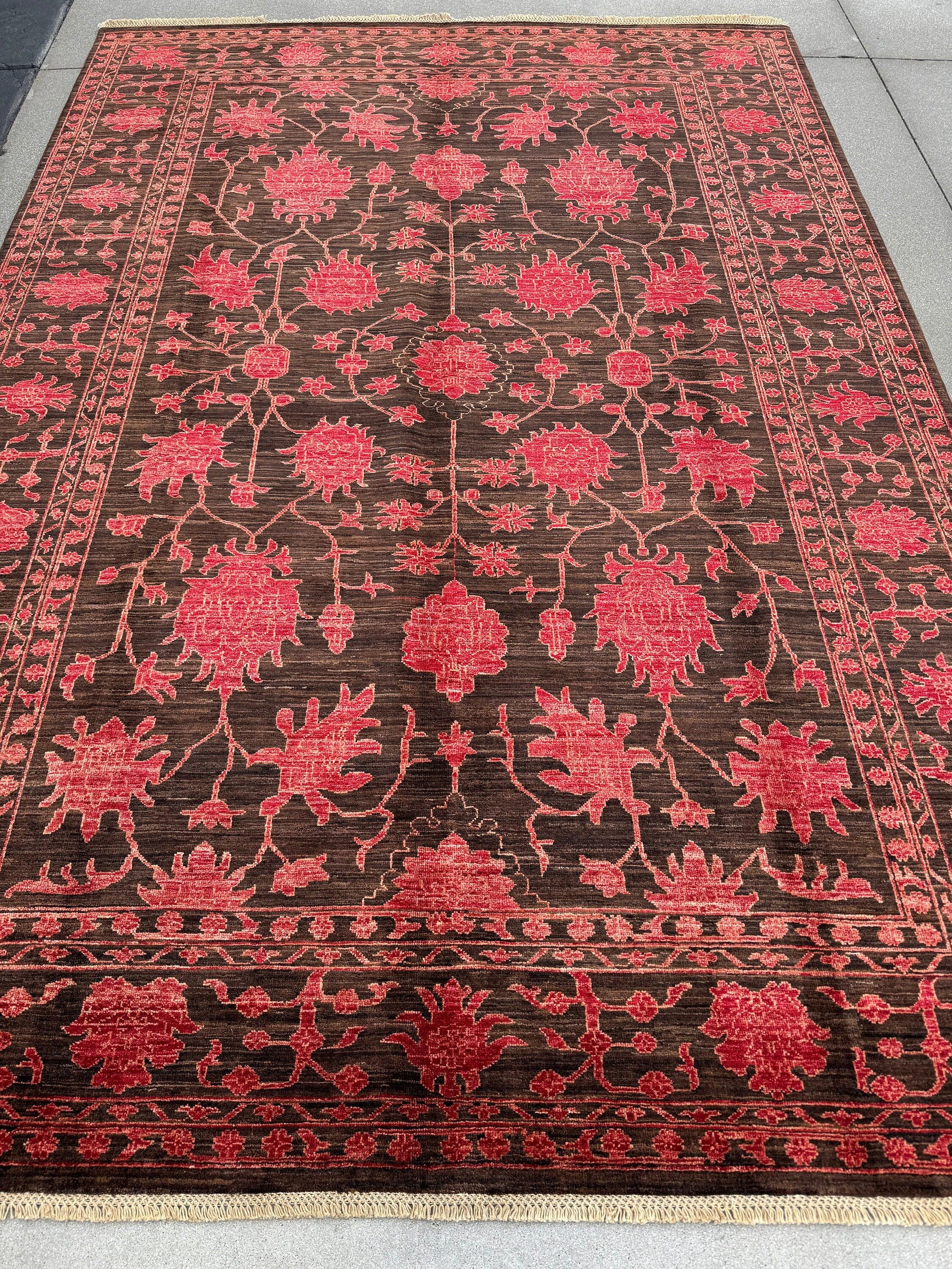 7x10 (213x305) Handmade Afghan Rug | Coffee Chocolate Brown Crimson Red | Floral Wool Hand Knotted Traditional