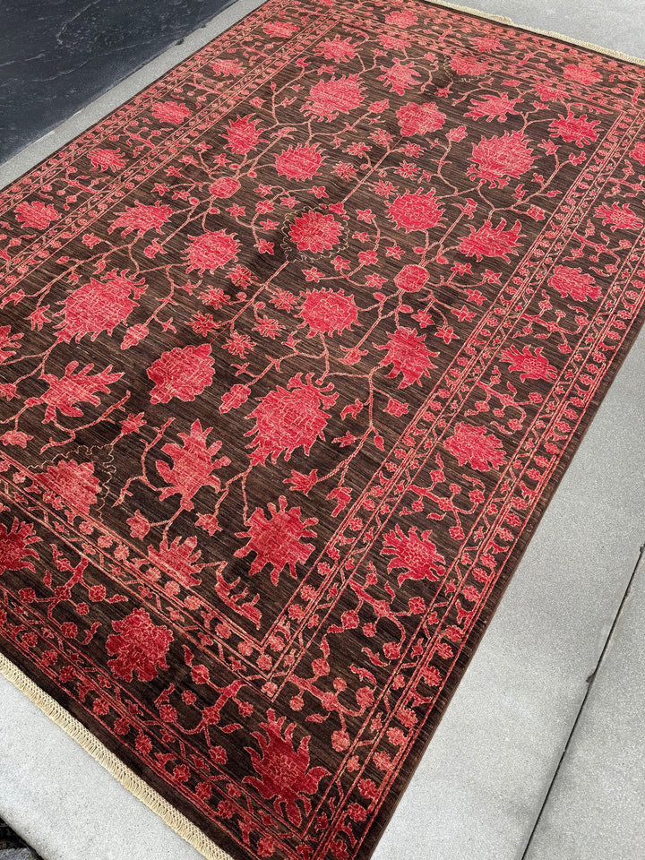 7x10 (213x305) Handmade Afghan Rug | Coffee Chocolate Brown Crimson Red | Floral Wool Hand Knotted Traditional