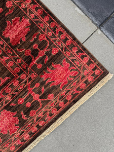 7x10 (213x305) Handmade Afghan Rug | Coffee Chocolate Brown Crimson Red | Floral Wool Hand Knotted Traditional