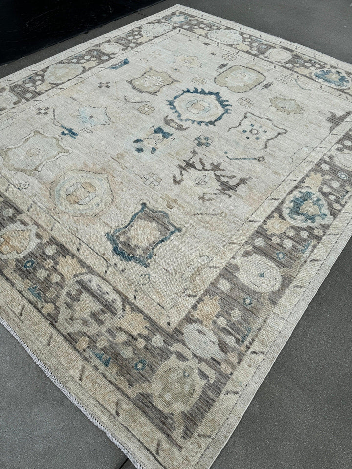 8x10 (240x300) Handmade Afghan Rug | Cream Beige Powder Navy Blue Taupe Coffee Brown Grey | Oushak Wool Hand Knotted