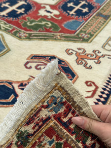 6x8 Handmade Afghan Soumak Rug | White Cream Blood Red Denim Navy Blue Forest Green Gold Beige | Wool Soumak Flatweave