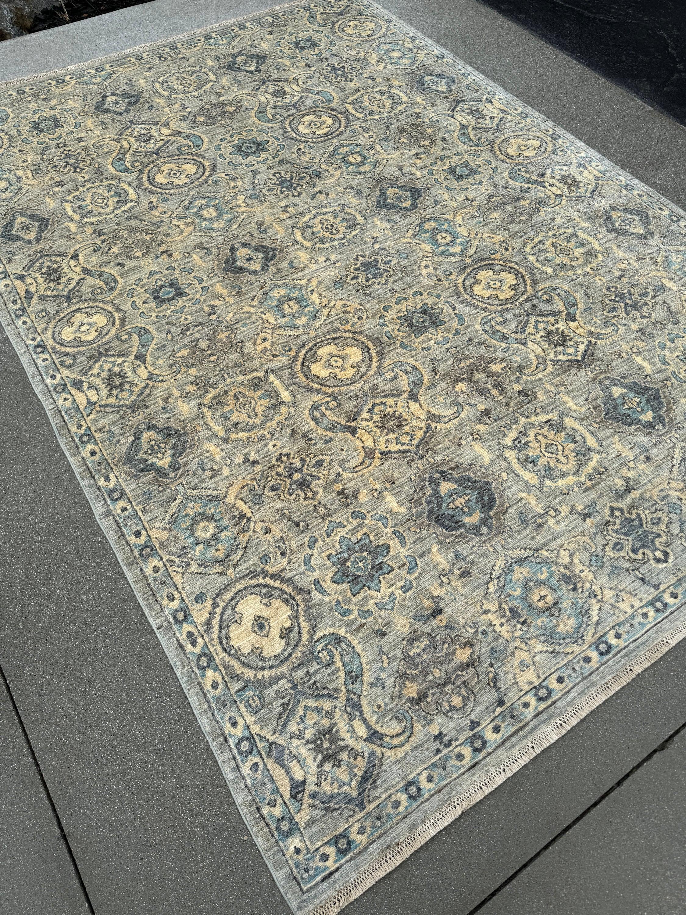 6x8-9 (182x260) Handmade Afghan Rug | Cream Denim Baby Blue Grey Teal Gold Beige Taupe | Wool Medallion Hand Knotted