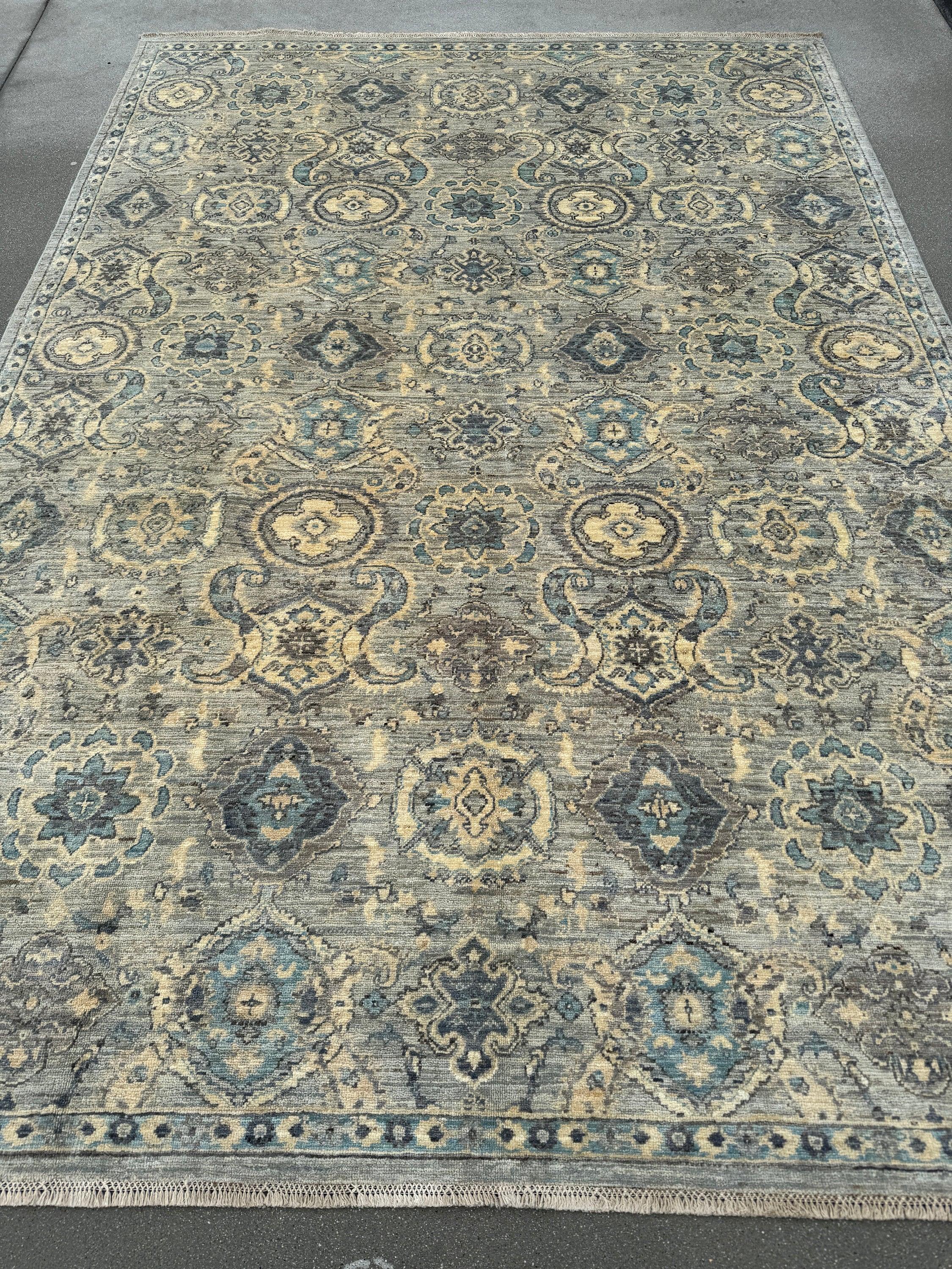 6x8-9 (182x260) Handmade Afghan Rug | Cream Denim Baby Blue Grey Teal Gold Beige Taupe | Wool Medallion Hand Knotted