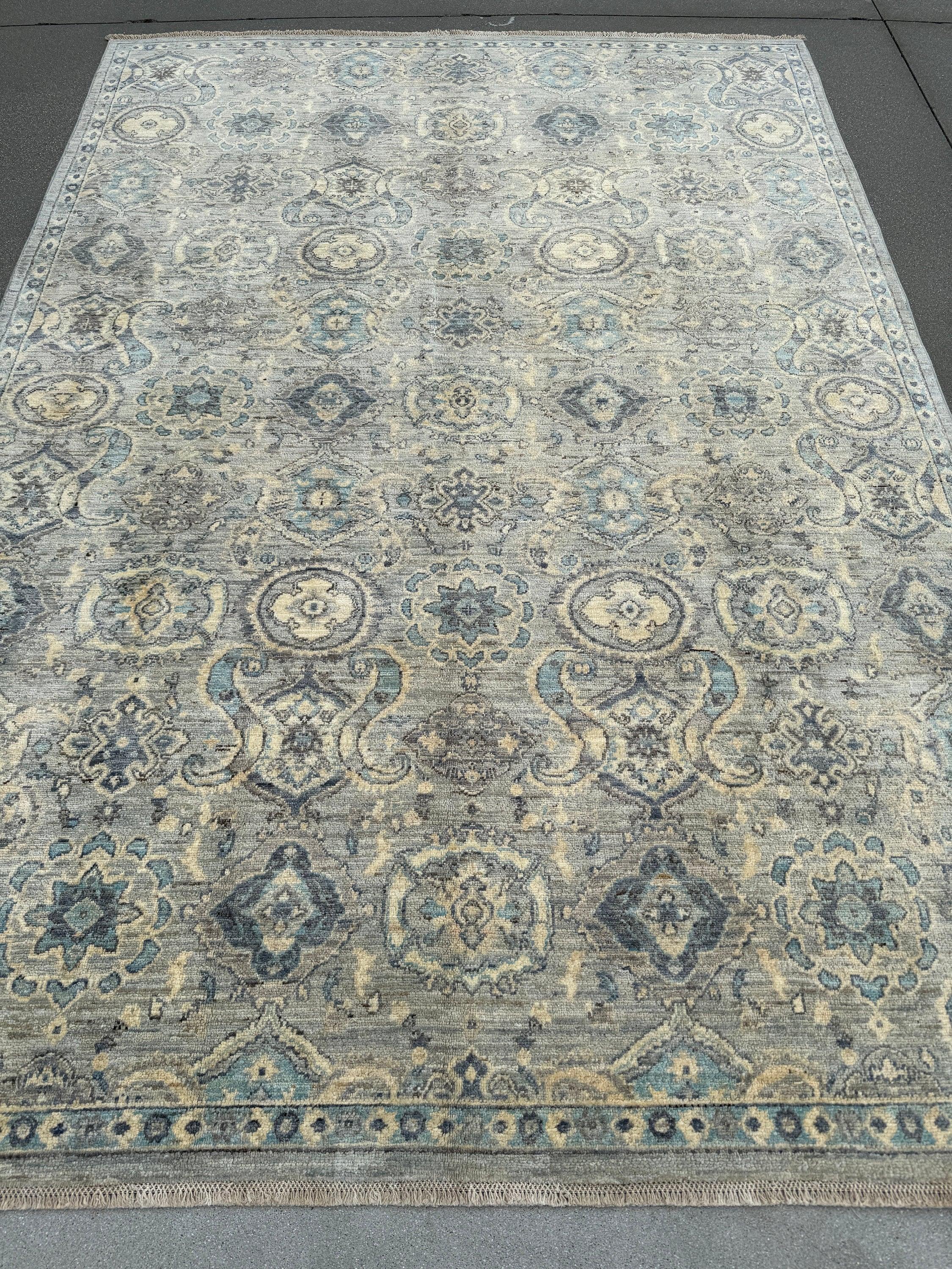 6x8-9 (182x260) Handmade Afghan Rug | Cream Denim Baby Blue Grey Teal Gold Beige Taupe | Wool Medallion Hand Knotted