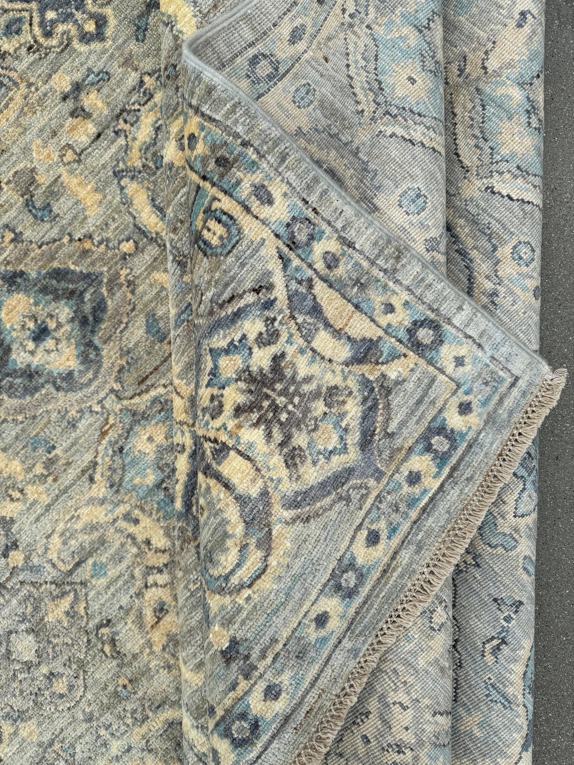 6x8-9 (182x260) Handmade Afghan Rug | Cream Denim Baby Blue Grey Teal Gold Beige Taupe | Wool Medallion Hand Knotted