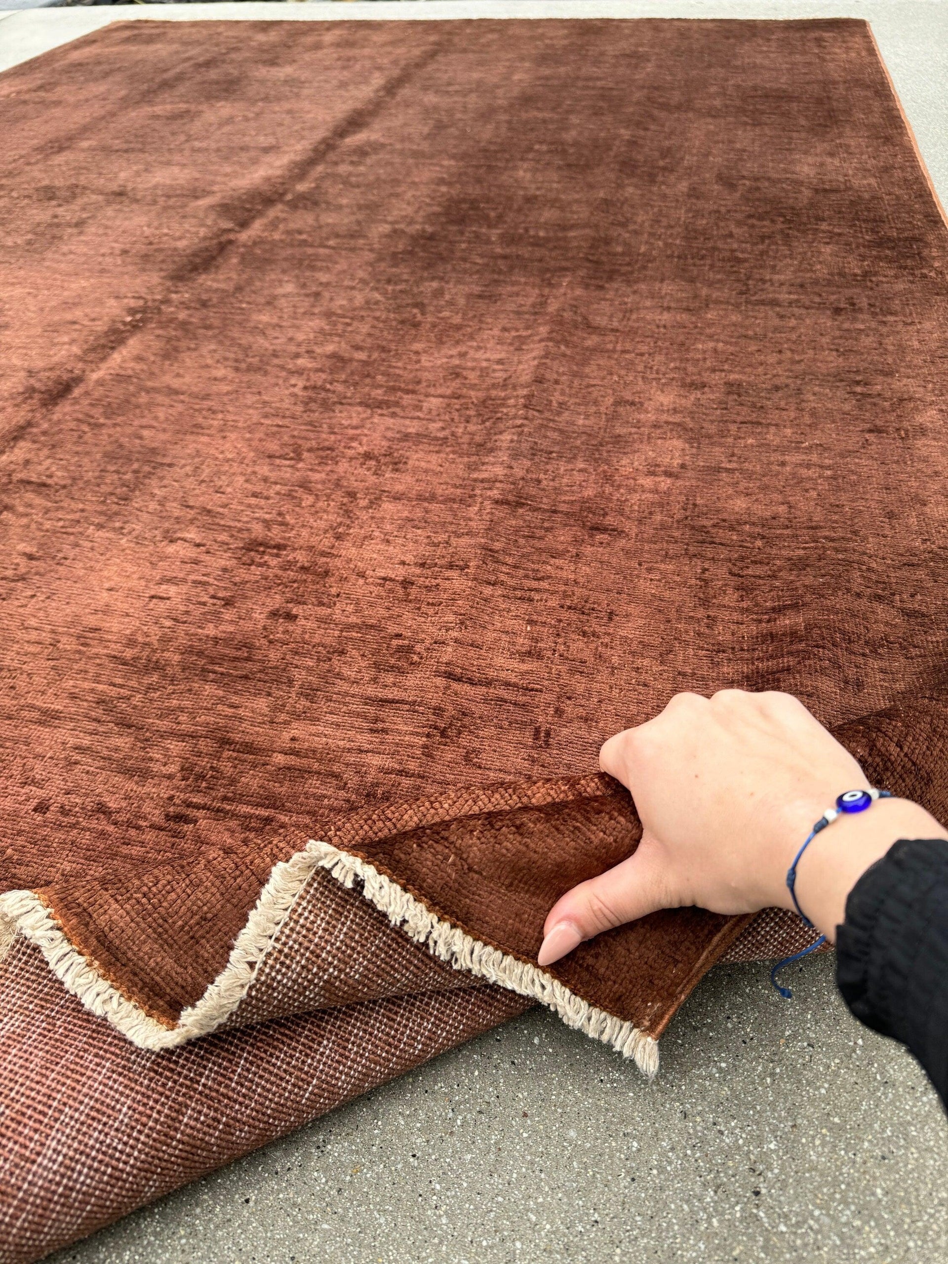 6x8 (182x244) Handmade Afghan Rug | Vermillion Chocolate Brown Terracotta | Wool Hand Knotted Minimalist