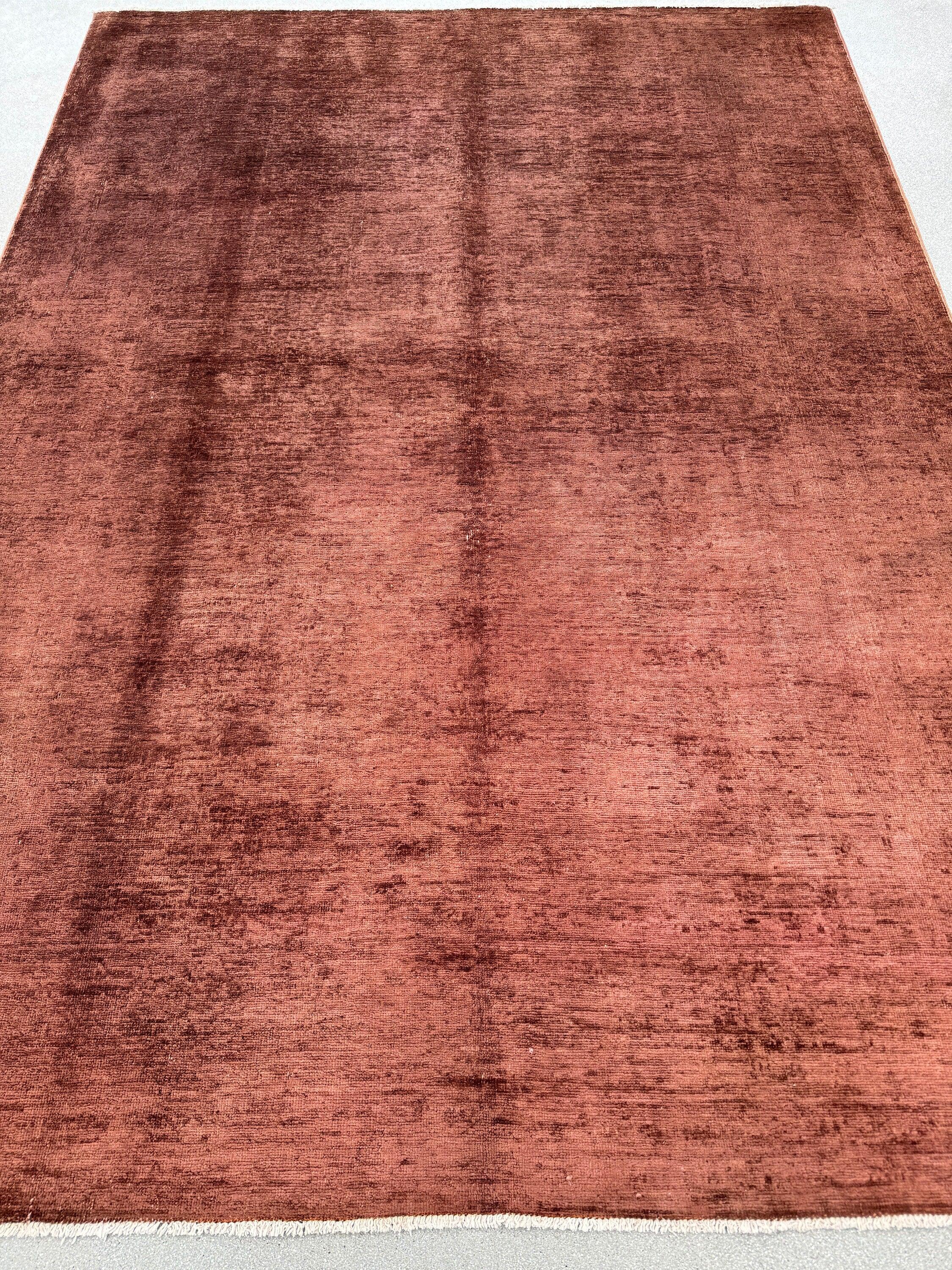 6x8 (182x244) Handmade Afghan Rug | Vermillion Chocolate Brown Terracotta | Wool Hand Knotted Minimalist