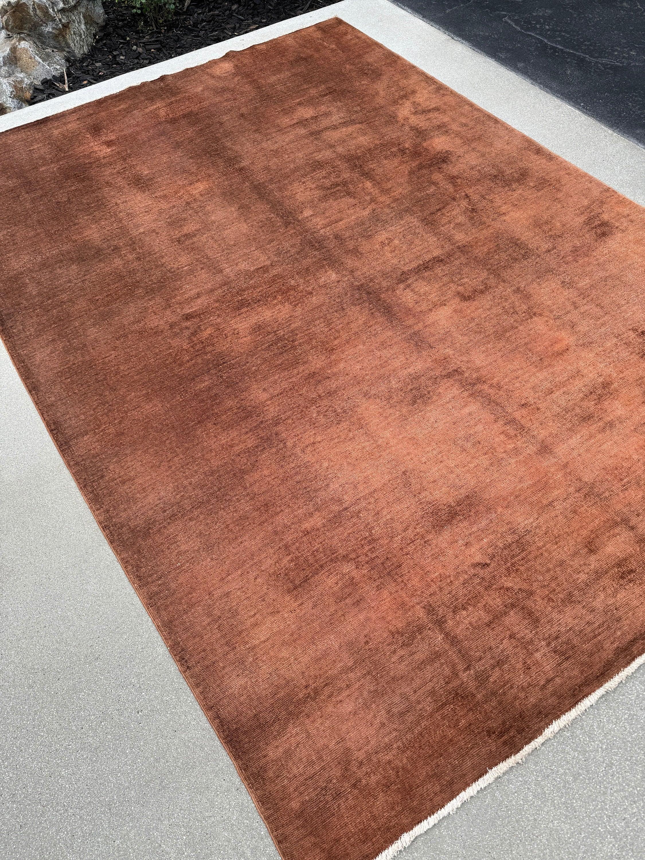 6x8 (182x244) Handmade Afghan Rug | Vermillion Chocolate Brown Terracotta | Wool Hand Knotted Minimalist