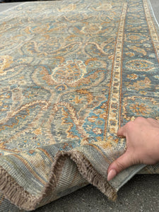 6x8 (182x260) Handmade Afghan Rug | Denim Sky Blue Teal Cream Beige Gold | Wool Floral Hand Knotted