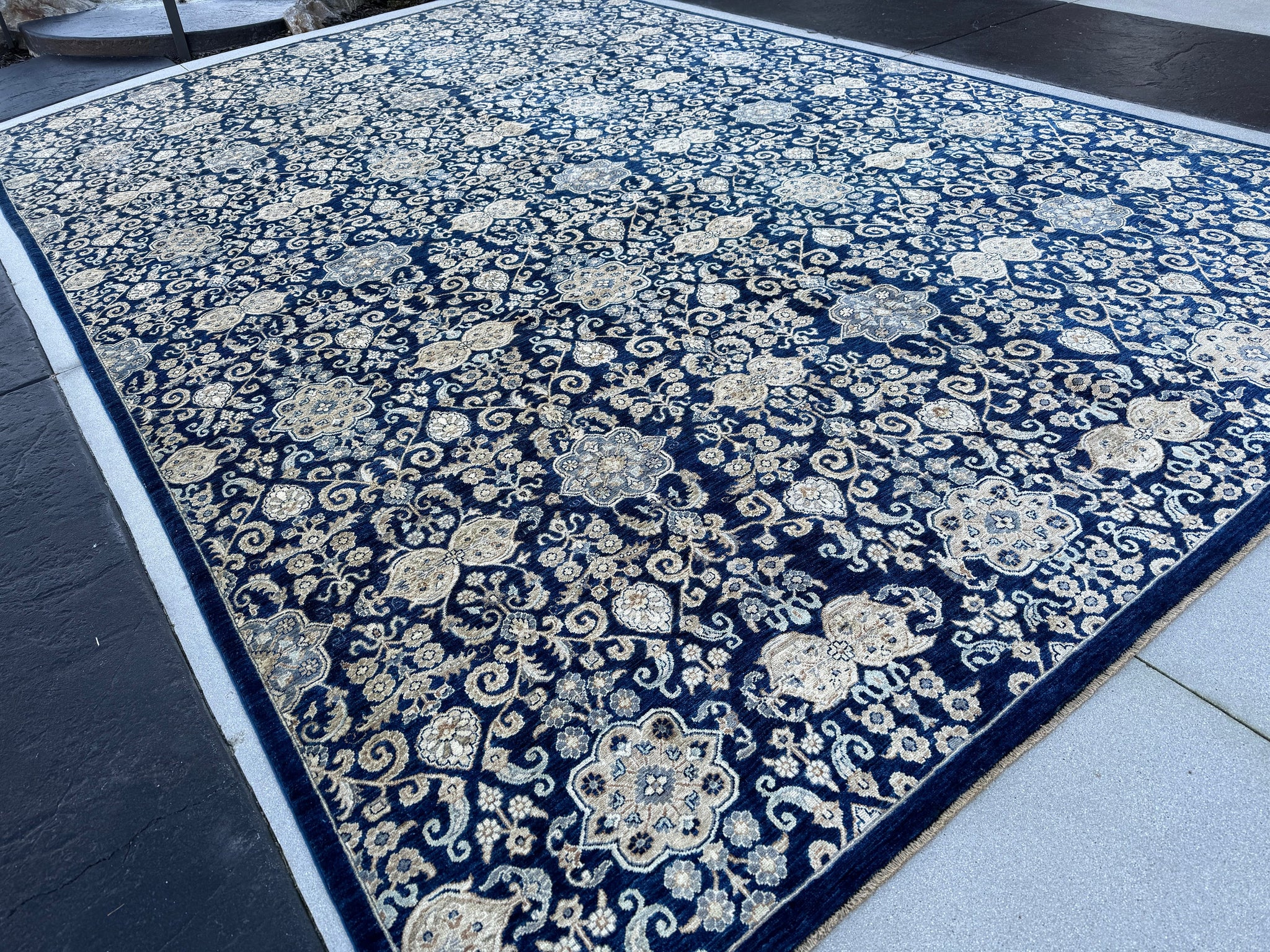 11x17 (213x518) Handmade Afghan Rug | Navy Powder Sky Blue Cream Beige White | Wool Hand Knotted Floral