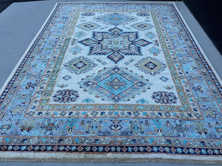 8x10 (240x300) Handmade Afghan Rug | Cream Baby Powder Navy Blue Teal Turquoise Olive Green Rust Orange Terracotta | Wool Kazak Hand Knotted