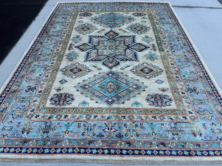 8x10 (240x300) Handmade Afghan Rug | Cream Baby Powder Navy Blue Teal Turquoise Olive Green Rust Orange Terracotta | Wool Kazak Hand Knotted