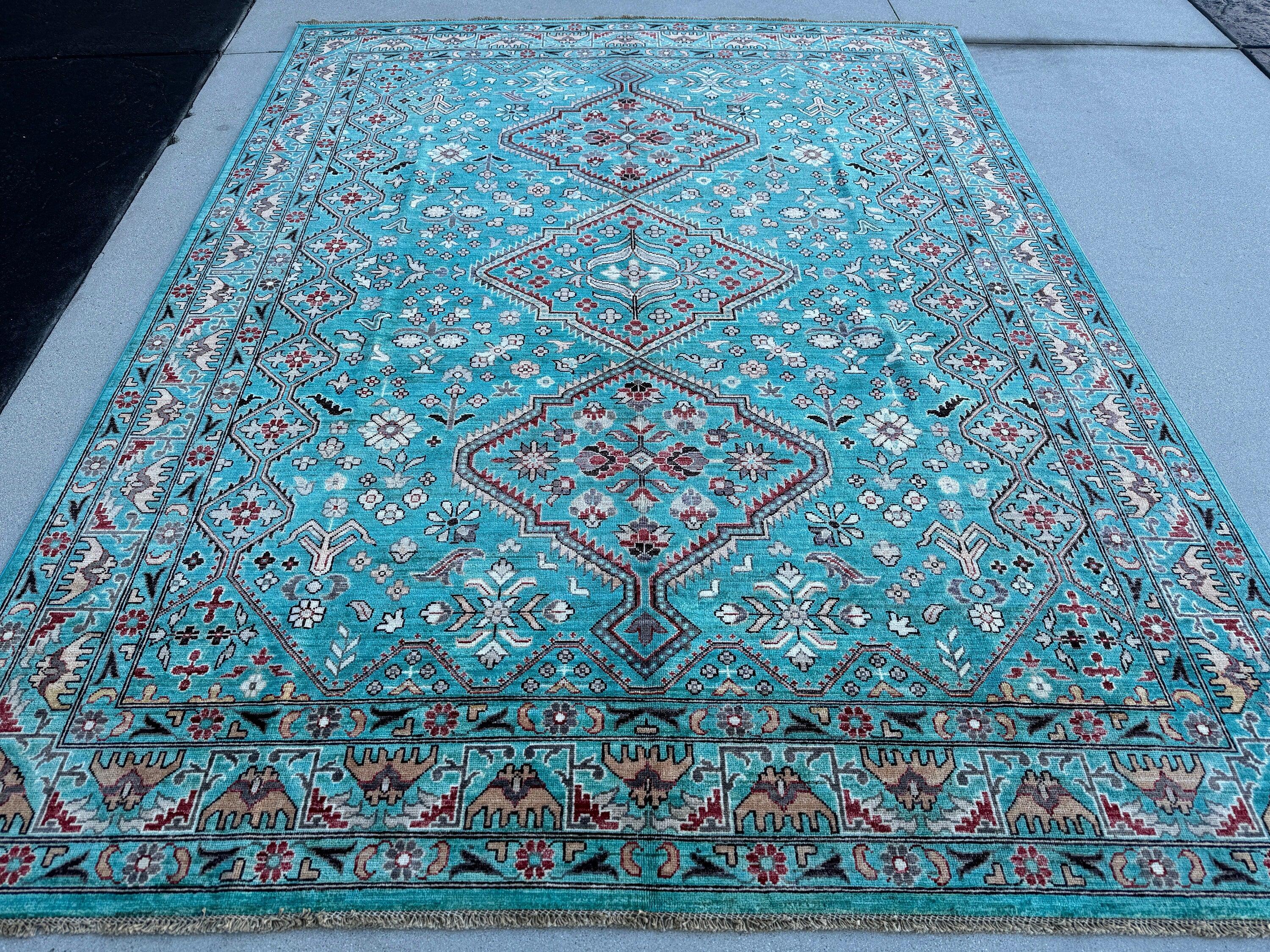 8x10 (240x300) Handmade Afghan Rug | Teal Cream Beige Black Ruby Red Coral Orange Sage Green Grey Gray | Wool Kazak Hand Knotted