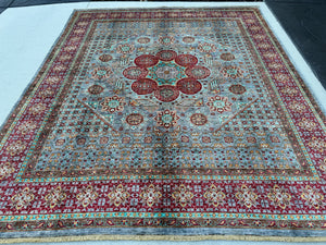 8x9-10 (245x289) Handmade Afghan Rug | Teal Ruby Red Burgundy Cream Gold Emerald Green Sky Blue Taupe | Wool Mamluk Medallion