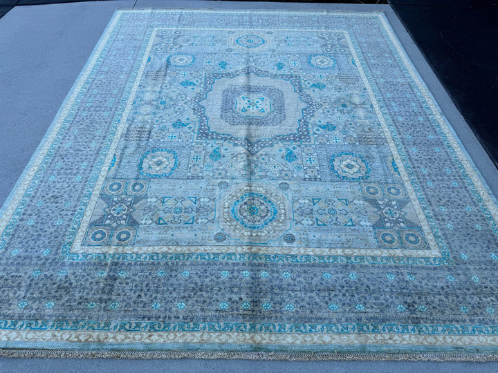 8x10 (244x305) Handmade Afghan Rug | Slate Gray Grey Blue Denim Teal Ivory Beige Seafoam Moss Green | Wool Mamluk Hand Knotted Medallion