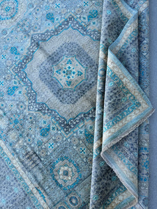 8x10 (244x305) Handmade Afghan Rug | Slate Gray Grey Blue Denim Teal Ivory Beige Seafoam Moss Green | Wool Mamluk Hand Knotted Medallion