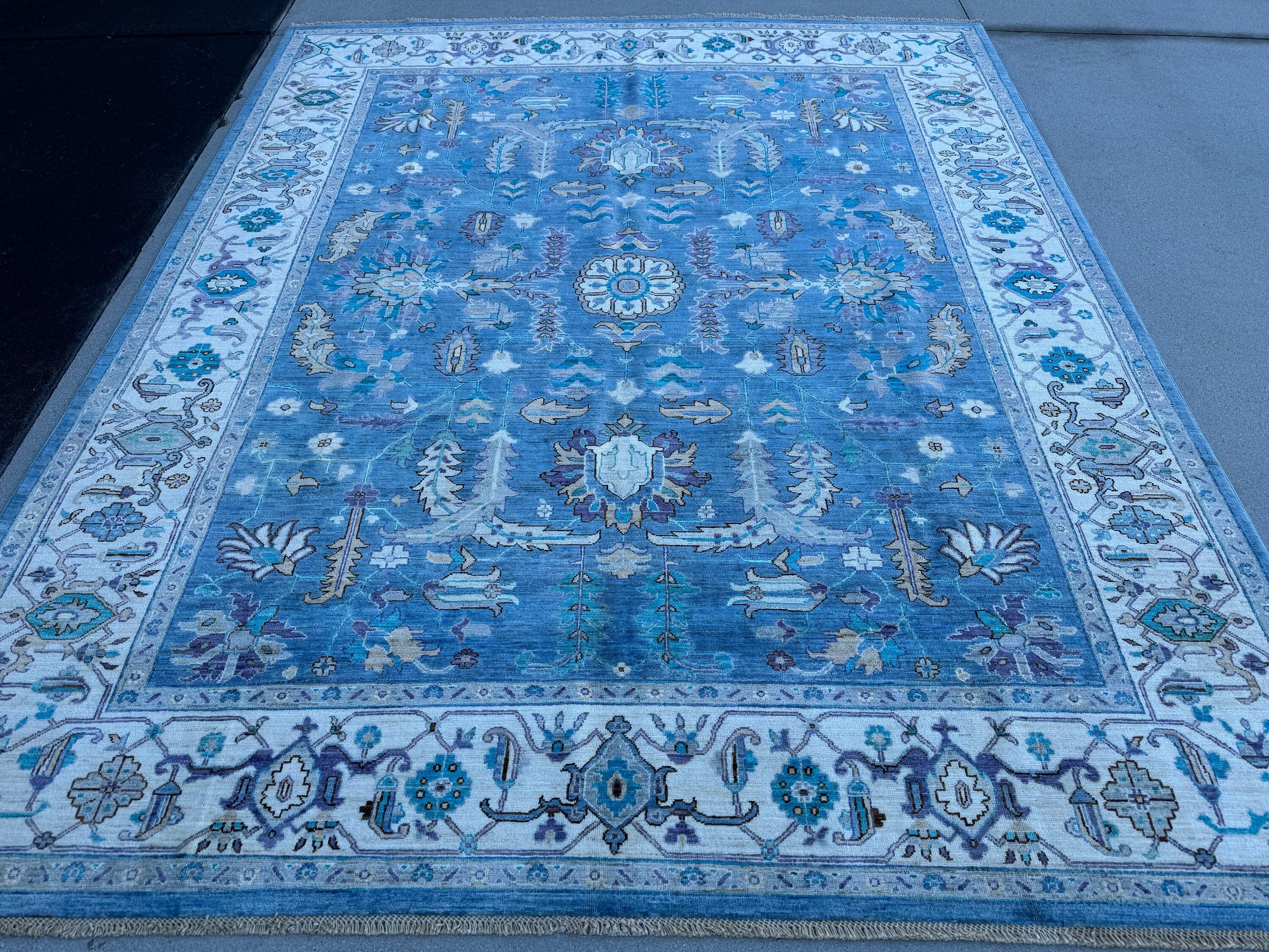 8x10 (244x305) Handmade Afghan Rug | Teal Denim Aqua Sky Blue Ivory Turquoise Tan Sage Green Rust Orange Lilac Purple | Wool Floral Oushak