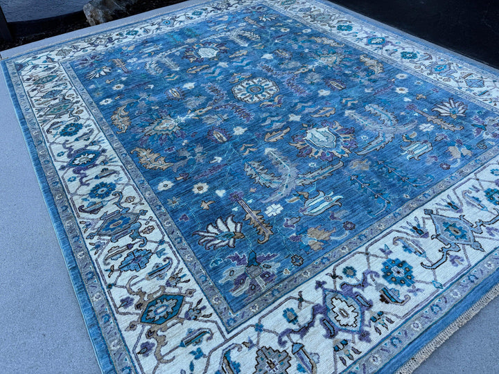 8x10 (244x305) Handmade Afghan Rug | Teal Denim Aqua Sky Blue Ivory Turquoise Tan Sage Green Rust Orange Lilac Purple | Wool Floral Oushak