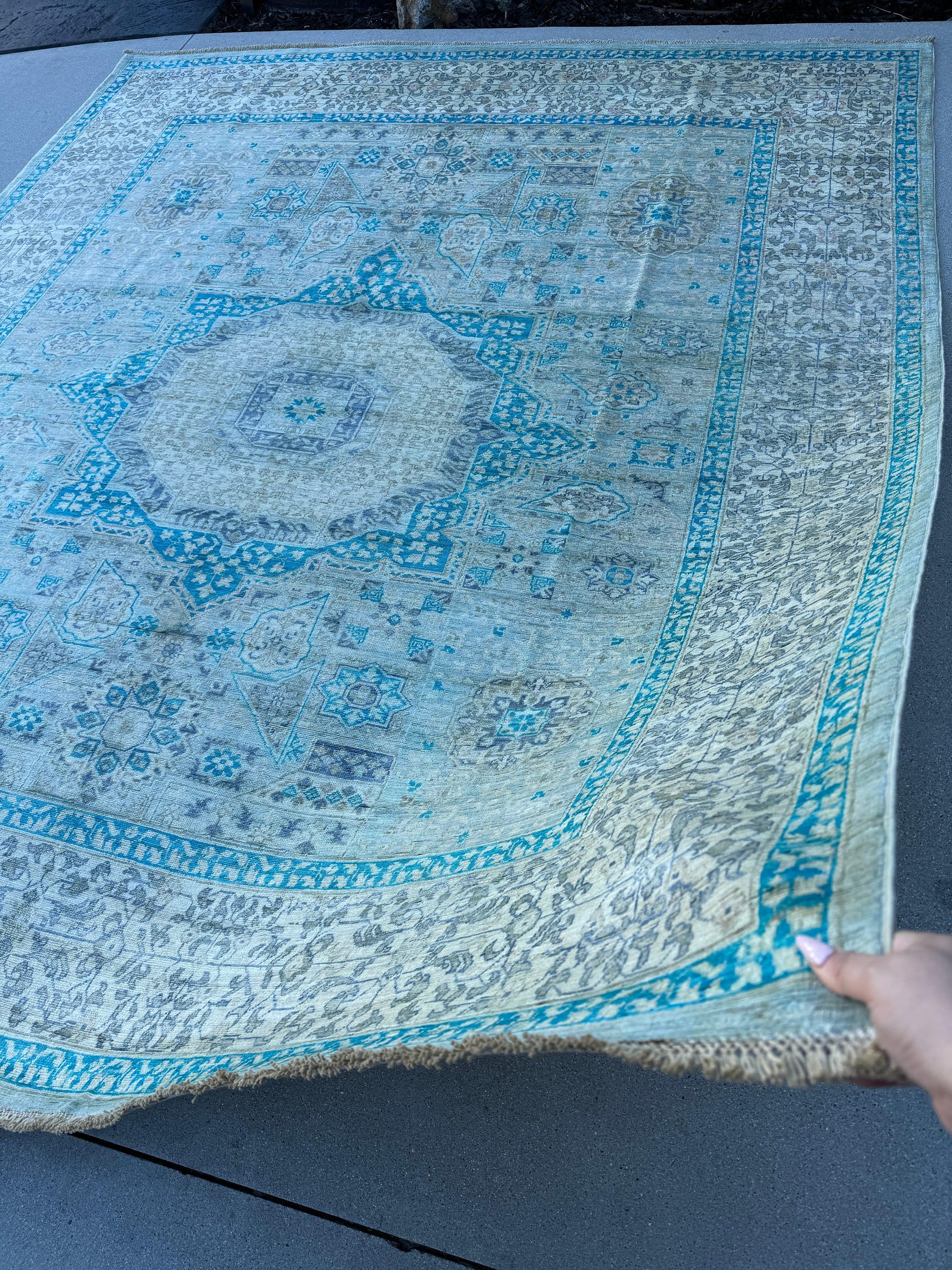 8x9-10 (244x305) Handmade Afghan Rug | Ivory Turquoise Denim Blue Sky Blue Sage Green Light Grey Teal | Wool Hand Knotted Medallion Mamluk