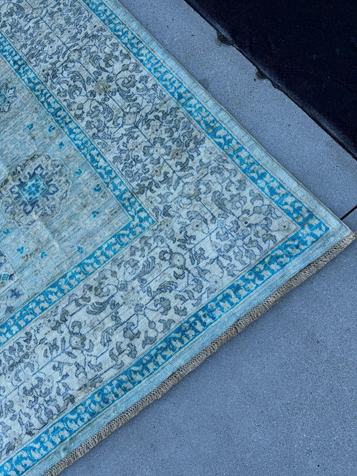 8x9-10 (244x305) Handmade Afghan Rug | Ivory Turquoise Denim Blue Sky Blue Sage Green Light Grey Teal | Wool Hand Knotted Medallion Mamluk