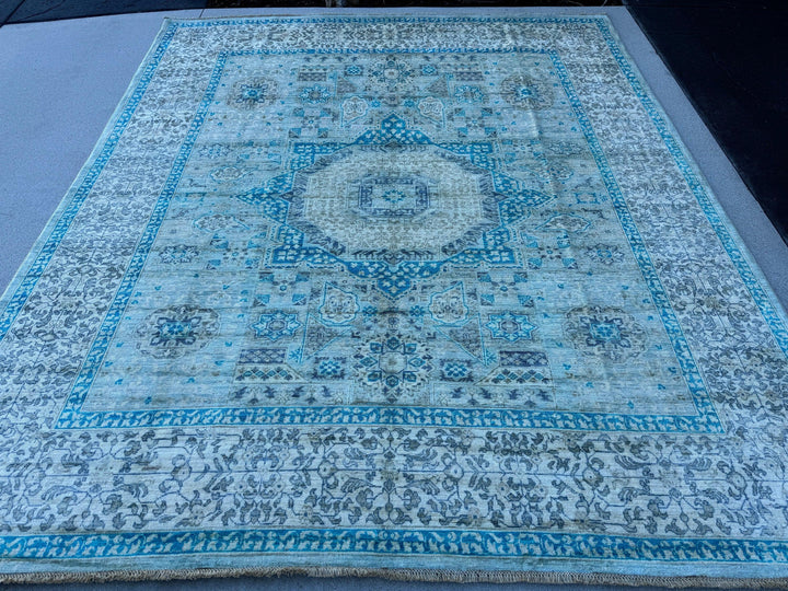 8x9-10 (244x305) Handmade Afghan Rug | Ivory Turquoise Denim Blue Sky Blue Sage Green Light Grey Teal | Wool Hand Knotted Medallion Mamluk