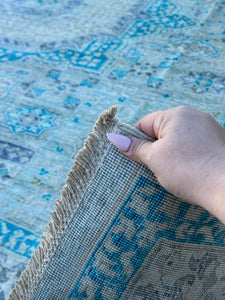 8x9-10 (244x305) Handmade Afghan Rug | Ivory Turquoise Denim Blue Sky Blue Sage Green Light Grey Teal | Wool Hand Knotted Medallion Mamluk
