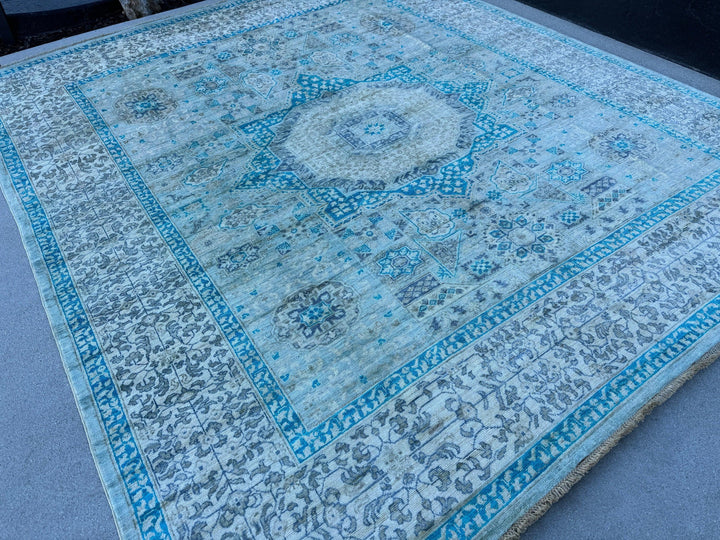 8x9-10 (244x305) Handmade Afghan Rug | Ivory Turquoise Denim Blue Sky Blue Sage Green Light Grey Teal | Wool Hand Knotted Medallion Mamluk