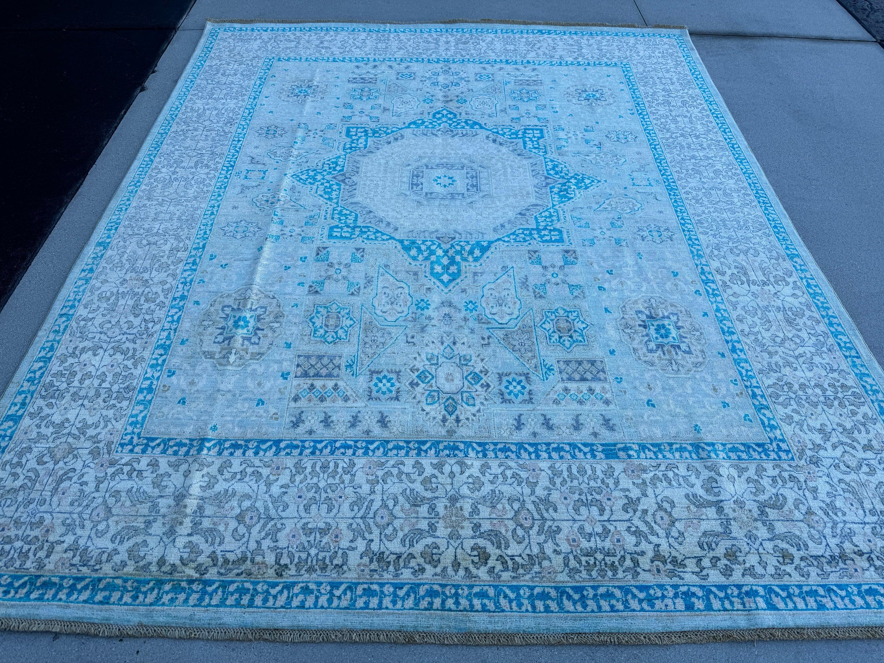 8x9-10 (244x305) Handmade Afghan Rug | Ivory Turquoise Denim Blue Sky Blue Sage Green Light Grey Teal | Wool Hand Knotted Medallion Mamluk