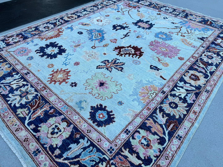 8x10 (244x305) Handmade Afghan Rug | Navy Blue Powder Blue Sky Blue Auburn Salmon Light Pink Rust Terracotta Ivory Cream | Wool Hand Knotted