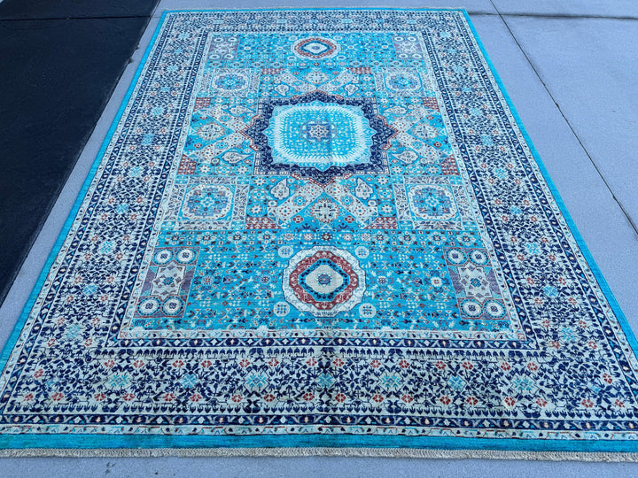 7x10 (210x305) Handmade Afghan Rug | Turquoise Navy Blue Rust Blood Red Yellow Orange Black | Wool Hand Knotted Nature